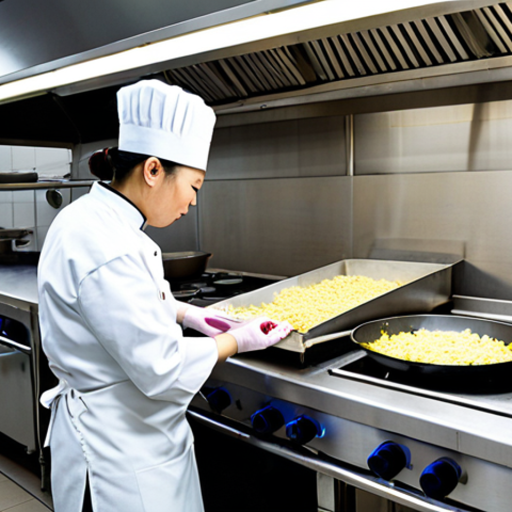 A professional male and female chef, fully clothed in clean chef uniforms, meticulously preparing stir-fried noodles and savory dumplings on a large multi-burner wok range in a pristine, modern commercial Chinese restaurant kitchen. Stainless steel surfaces gleam under bright, professional lighting. Industrial exhaust hoods are visible above, and large refrigeration units line the back wall. The scene conveys efficiency and high-quality culinary work. Perfect anatomy, correct proportions, well-formed hands, proper finger count, natural body proportions, natural pose, safe for work, appropriate content, modest clothing, professional dress, professional photography, high quality, extremely detailed.