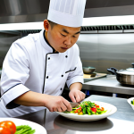 A focused young Chinese culinary apprentice in clean, modest chef's whites, intently observing an experienced Chinese master chef meticulously demonstrating a precise knife cut on fresh vegetables. They are positioned in a spotless, traditional Chinese kitchen with gleaming stainless steel surfaces, woks, and fresh produce. The master chef is also in professional, fully clothed chef's attire. The scene captures a natural pose with perfect anatomy, correct proportions, well-formed hands, and natural body proportions. Professional photography, high quality, sharp focus, natural lighting, safe for work, appropriate content, family-friendly.