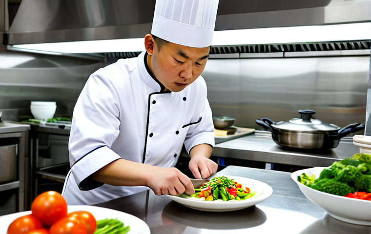 A focused young Chinese culinary apprentice in clean, modest chef's whites, intently observing an experienced Chinese master chef meticulously demonstrating a precise knife cut on fresh vegetables. They are positioned in a spotless, traditional Chinese kitchen with gleaming stainless steel surfaces, woks, and fresh produce. The master chef is also in professional, fully clothed chef's attire. The scene captures a natural pose with perfect anatomy, correct proportions, well-formed hands, and natural body proportions. Professional photography, high quality, sharp focus, natural lighting, safe for work, appropriate content, family-friendly.