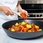 Sweet and Sour Pork Preparation**

"A brightly lit, clean kitchen scene. A chef, fully clothed in professional attire, is carefully tossing crispy, golden-brown pork pieces in a vibrant, glossy sweet and sour sauce in a wok. Surrounding the wok are bowls of ingredients: diced bell peppers, pineapple chunks, and a small dish of cornstarch slurry. In the background, a glimpse of a neatly organized pantry. Perfect anatomy, natural pose, well-formed hands, proper finger count, safe for work, appropriate content, fully clothed, professional, family-friendly, high quality food photography."

**