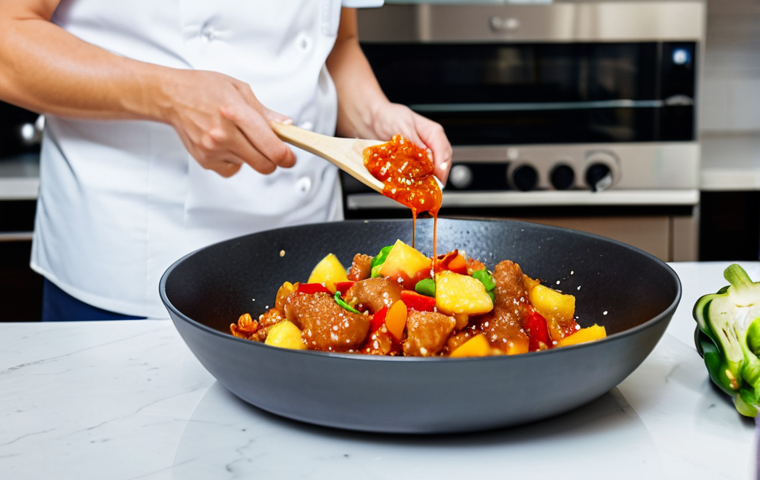 Sweet and Sour Pork Preparation**
"A brightly lit, clean kitchen scene. A chef, fully clothed in professional attire, is carefully tossing crispy, golden-brown pork pieces in a vibrant, glossy sweet and sour sauce in a wok. Surrounding the wok are bowls of ingredients: diced bell peppers, pineapple chunks, and a small dish of cornstarch slurry. In the background, a glimpse of a neatly organized pantry. Perfect anatomy, natural pose, well-formed hands, proper finger count, safe for work, appropriate content, fully clothed, professional, family-friendly, high quality food photography."
**