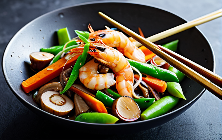 Vibrant Palbochae Stir-Fry**
"A vibrant and colorful Palbochae stir-fry in a wok, featuring shrimp, squid, bamboo shoots, shiitake mushrooms, carrots, and snow peas, bathed in a glossy, balanced sauce. Wok hei visible as light wisps of smoke. Professional food photography, high resolution, perfect lighting, showcasing textures and colors. Safe for work, appropriate content, fully clothed dish, family-friendly, professional."
**