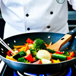 Stir-Frying Scene**

"A chef expertly stir-frying colorful vegetables in a wok over a high-flame burner, fully clothed in a professional kitchen setting, appropriate attire, safe for work, perfect anatomy (hands holding wok spatula), natural proportions, food photography, high quality, professional, modest."

**