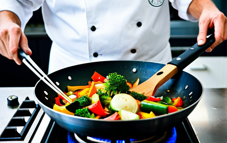 Stir-Frying Scene**

"A chef expertly stir-frying colorful vegetables in a wok over a high-flame burner, fully clothed in a professional kitchen setting, appropriate attire, safe for work, perfect anatomy (hands holding wok spatula), natural proportions, food photography, high quality, professional, modest."

**