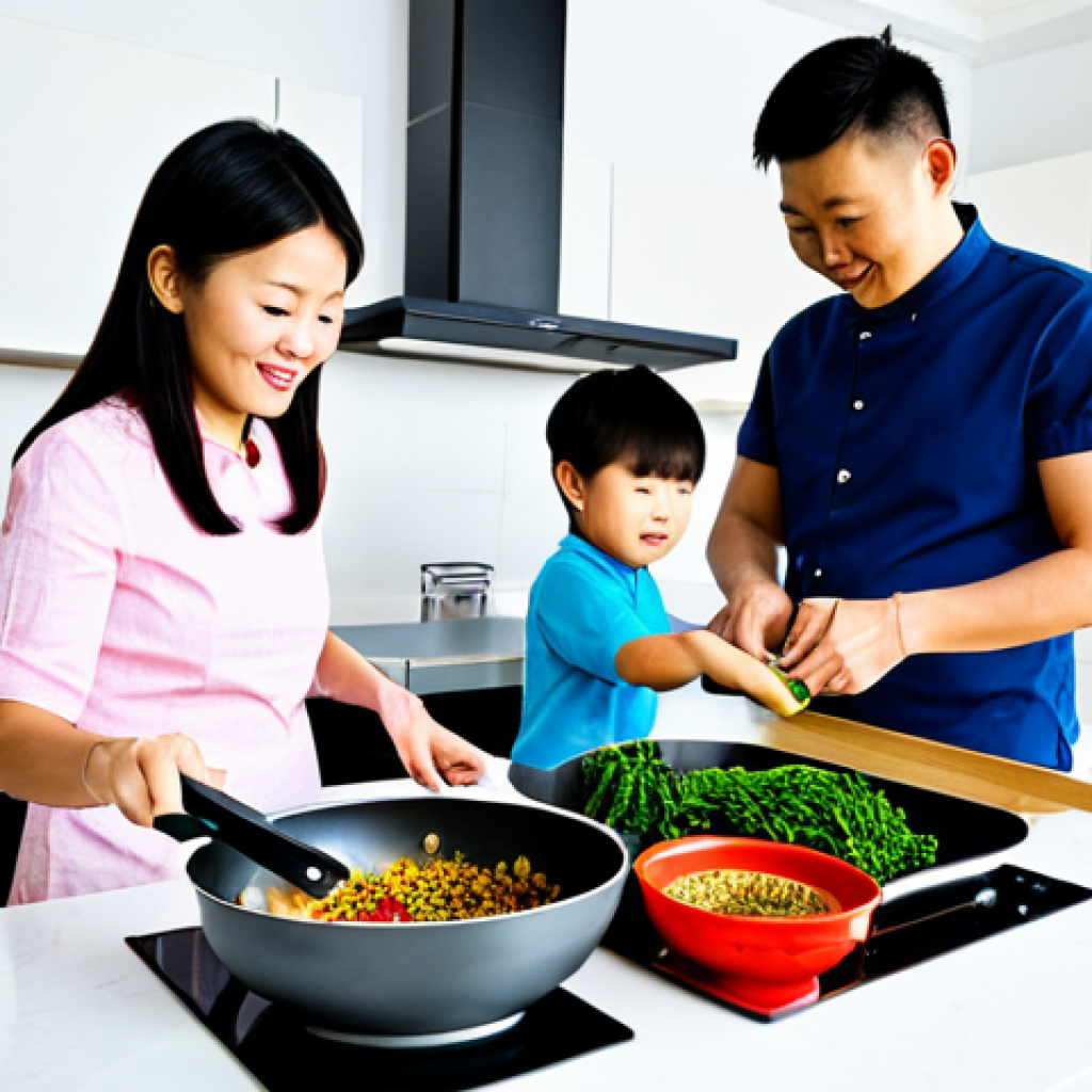 중식 밀키트 세일 - Family Cooking Together**

"A family (mother, father, two children) cooking a Chinese meal kit toget...