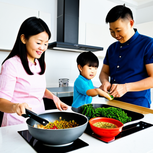 Home 18 중식 밀키트 세일 - Family Cooking Together**
"A family (mother, father, two children) cooking a Chinese meal kit toget...