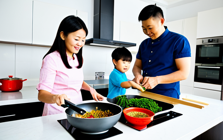 중식 밀키트 세일 - Family Cooking Together**
"A family (mother, father, two children) cooking a Chinese meal kit toget...