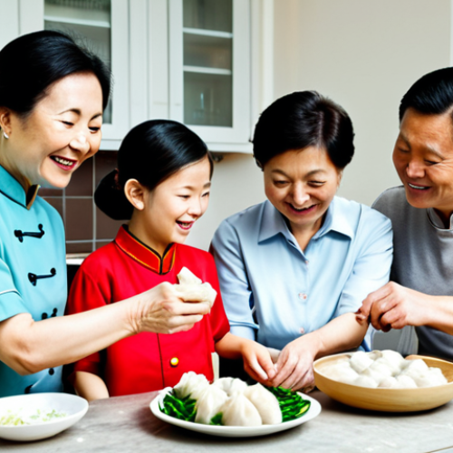 Home 5 중국 명절 음식 - Family Making Dumplings**
"A multi-generational Asian family gathered around a table, happily makin...