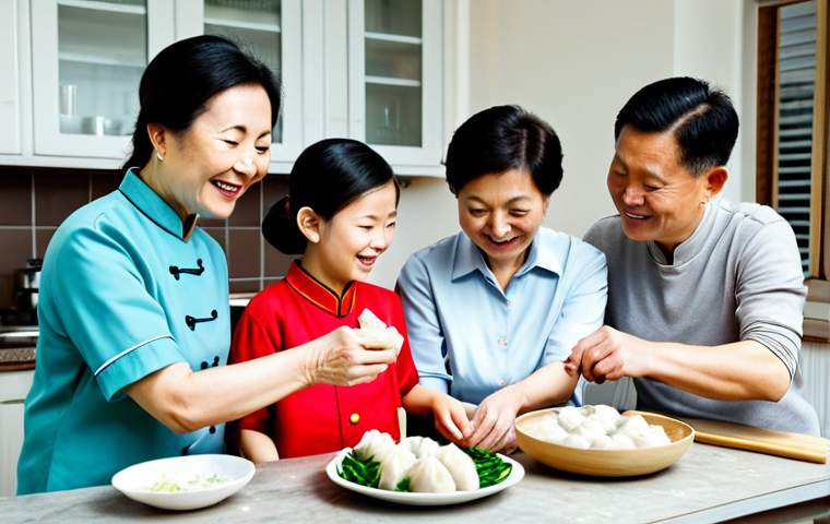 중국 명절 음식 - Family Making Dumplings**
"A multi-generational Asian family gathered around a table, happily makin...