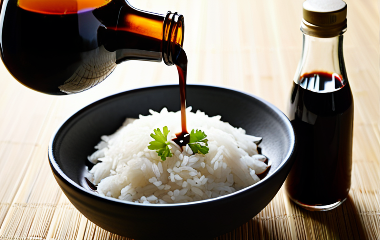 중식 소스 원료 정보 - Soy Sauce Preparation**
"Close-up of a clear glass bottle filled with rich, dark soy sauce, next to...