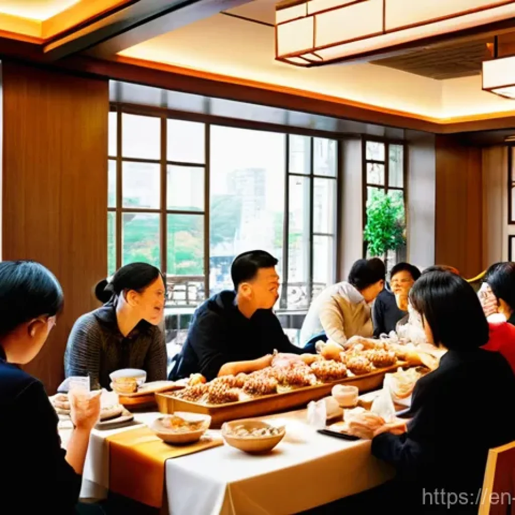 중국 요리의 세계화 - **Prompt:** A vibrant, bustling scene inside a modern, stylish Chinese dim sum restaurant during a w...