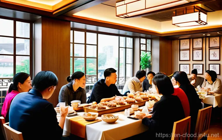 중국 요리의 세계화 - **Prompt:** A vibrant, bustling scene inside a modern, stylish Chinese dim sum restaurant during a w...