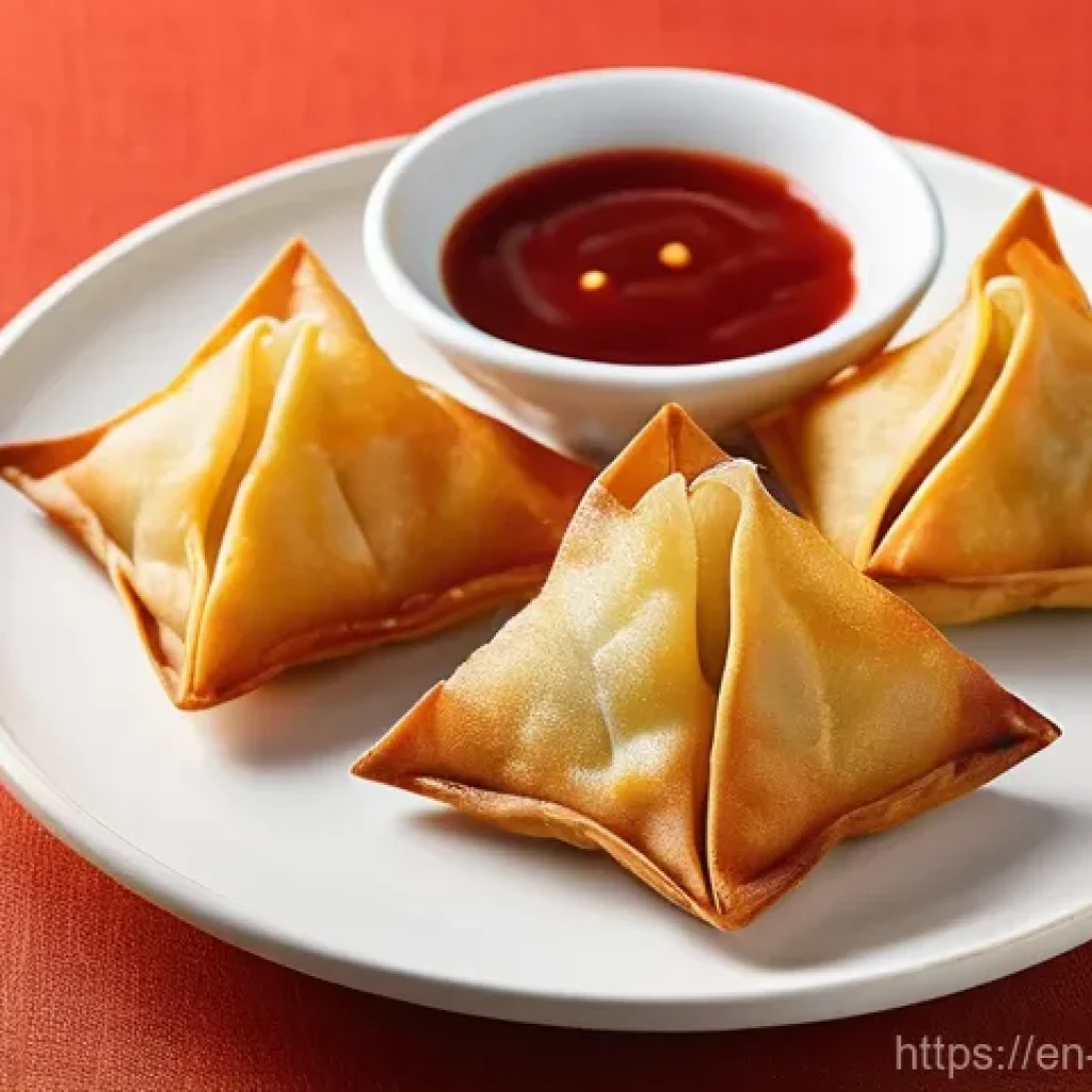 중국집 인기 배달 메뉴 - **Crispy Crab Rangoons with Sweet & Sour Dip:** A close-up, high-angle shot featuring three perfectl...