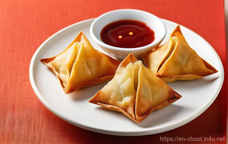 중국집 인기 배달 메뉴 - **Crispy Crab Rangoons with Sweet & Sour Dip:** A close-up, high-angle shot featuring three perfectl...