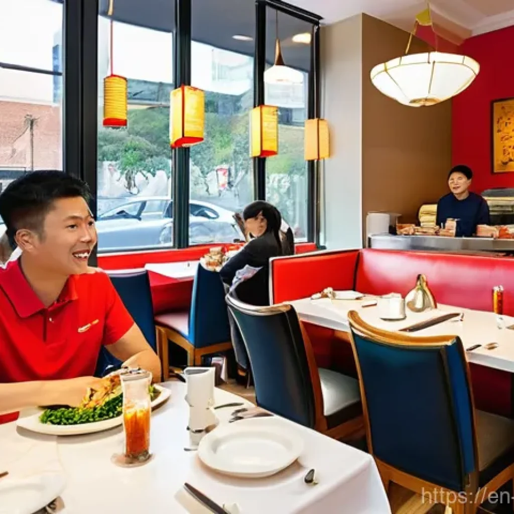 중국집 프랜차이즈 - **Prompt:** "A vibrant, brightly lit interior of a modern Chinese restaurant franchise during a busy...