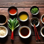 중식 장류 종류 - **Prompt:** A high-angle, artfully arranged flat lay of essential Chinese cooking sauces and ingredi...