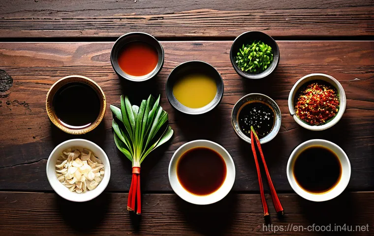 중식 장류 종류 - **Prompt:** A high-angle, artfully arranged flat lay of essential Chinese cooking sauces and ingredi...