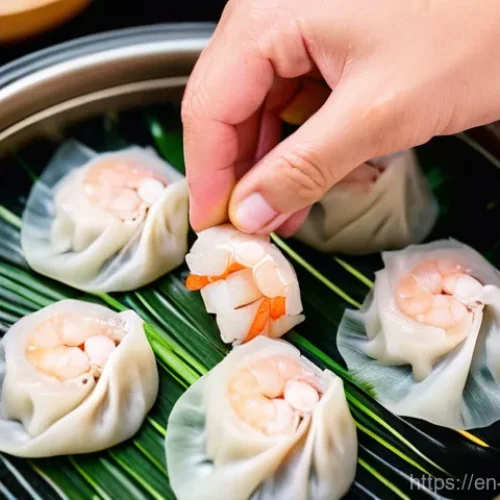 Home 26 광동요리 특징 - **Prompt:** A close-up, high-angle shot focusing on a chef's hands delicately placing freshly prepar...