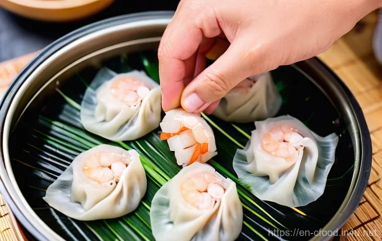 광동요리 특징 - **Prompt:** A close-up, high-angle shot focusing on a chef's hands delicately placing freshly prepar...