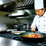 중국 요리학교 - A highly skilled Chinese executive chef, of ambiguous gender and in their late 30s, stands confident...