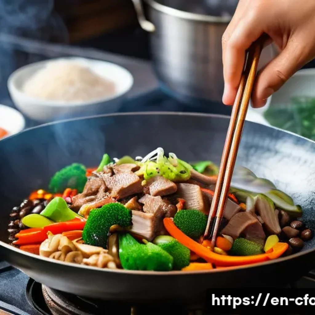 중국 요리 주재료 - A vibrant Chinese kitchen scene featuring a skilled chef stir-frying a colorful medley of vegetables...