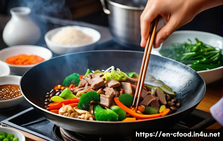 중국 요리 주재료 - A vibrant Chinese kitchen scene featuring a skilled chef stir-frying a colorful medley of vegetables...