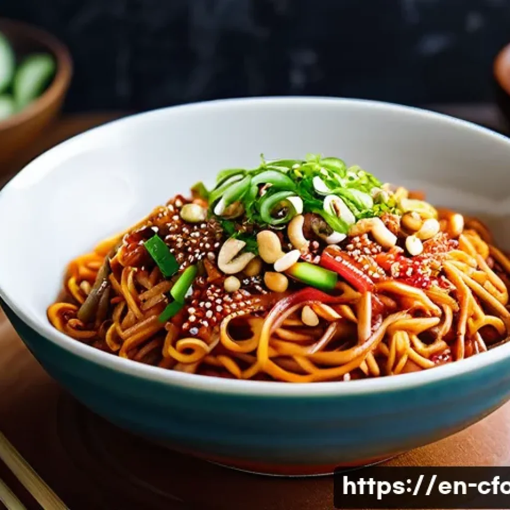 중국 냉면 종류 - A vibrant, close-up image of Sichuan Spicy Cold Noodles served in a traditional ceramic bowl, showca...