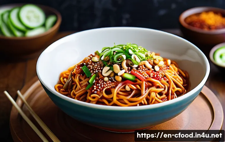 중국 냉면 종류 - A vibrant, close-up image of Sichuan Spicy Cold Noodles served in a traditional ceramic bowl, showca...