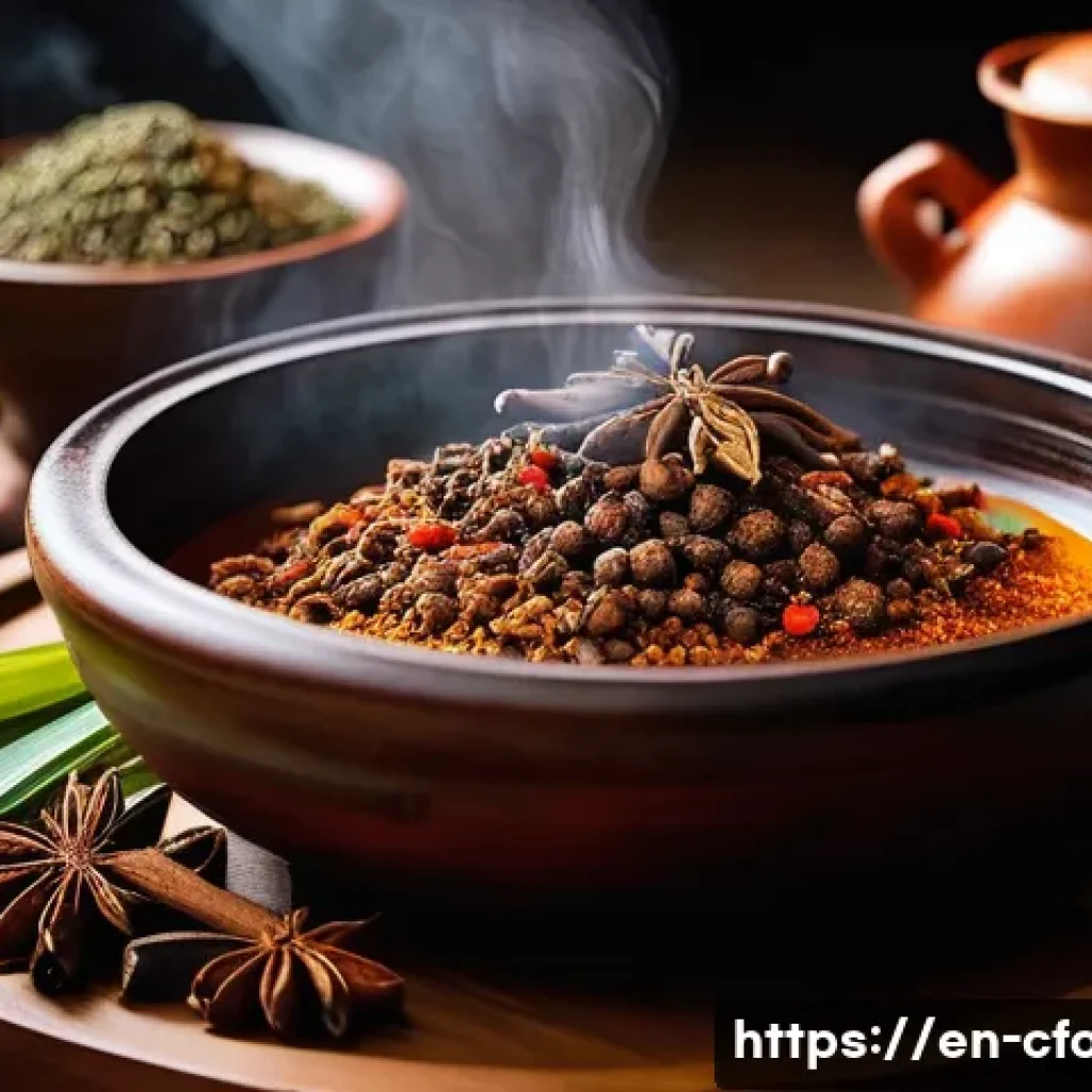 중국 향신료 종류 - A vibrant Chinese kitchen scene featuring a rustic wooden table with an assortment of aromatic spice...