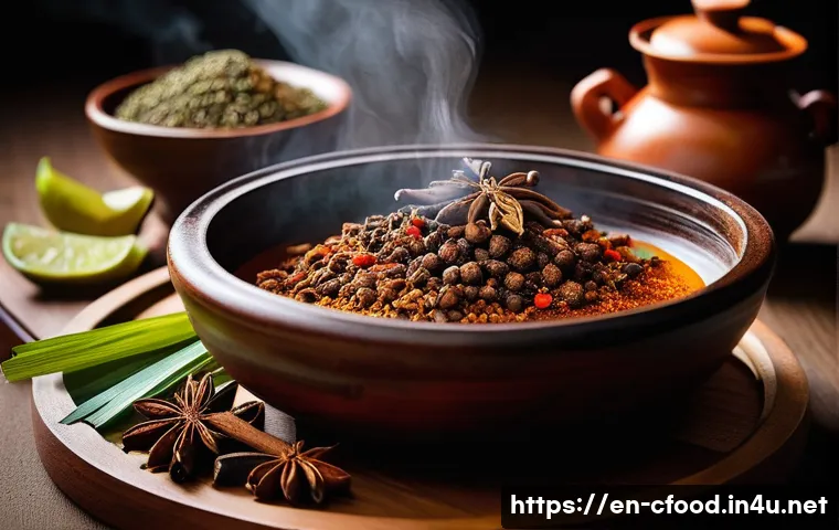 중국 향신료 종류 - A vibrant Chinese kitchen scene featuring a rustic wooden table with an assortment of aromatic spice...