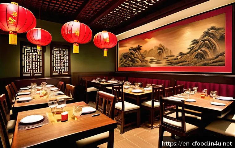 중식 요리 창업 사례 - A warmly lit, authentic Chinese restaurant interior showcasing traditional design elements such as h...