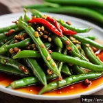 중국집 스페셜 메뉴 - A vibrant close-up of Sichuan dry-fried green beans served on a rustic ceramic plate, showcasing glo...