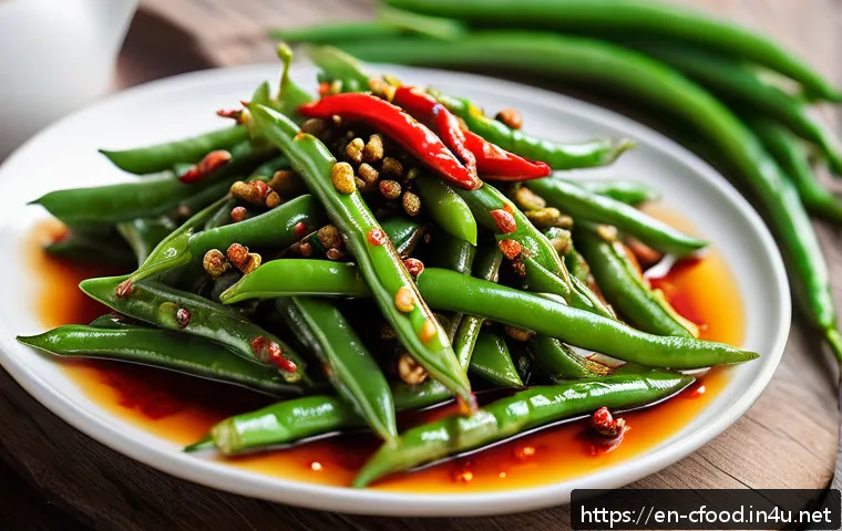 중국집 스페셜 메뉴 - A vibrant close-up of Sichuan dry-fried green beans served on a rustic ceramic plate, showcasing glo...
