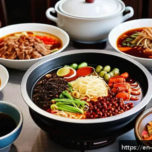 중국 지역별 요리 특징 - A vibrant Sichuan hot pot scene featuring a steaming communal pot filled with rich, spicy broth, flo...