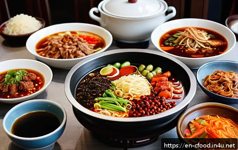 중국 지역별 요리 특징 - A vibrant Sichuan hot pot scene featuring a steaming communal pot filled with rich, spicy broth, flo...