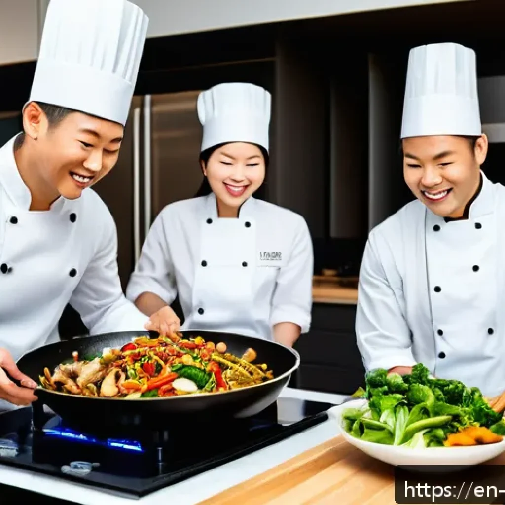 중식 전문 밀키트 회사 - A vibrant kitchen scene showing a diverse group of people cooking a traditional Chinese stir-fry mea...