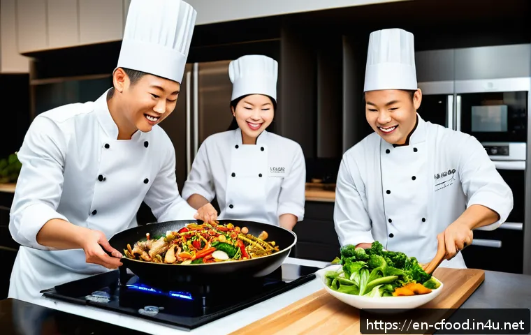 중식 전문 밀키트 회사 - A vibrant kitchen scene showing a diverse group of people cooking a traditional Chinese stir-fry mea...