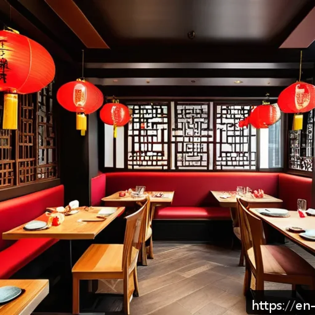 중국 음식 비즈니스 아이디어 - A modern Chinese restaurant interior blending traditional and contemporary design elements: warm woo...