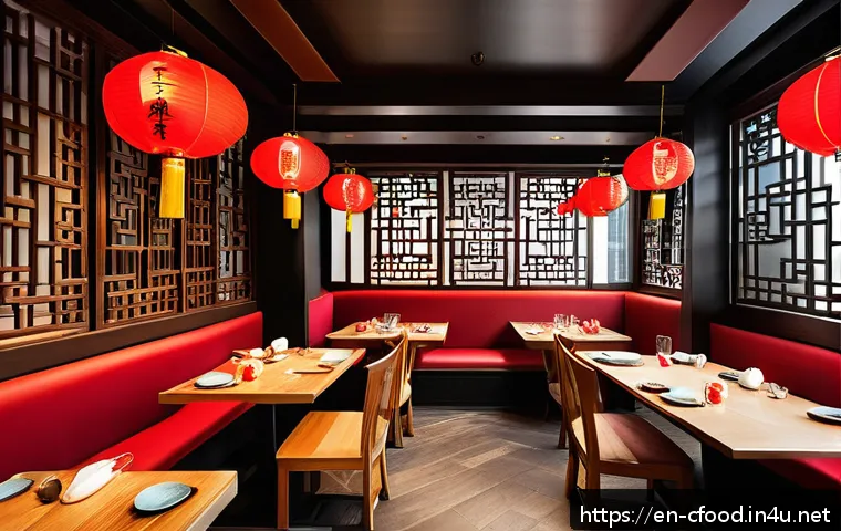 중국 음식 비즈니스 아이디어 - A modern Chinese restaurant interior blending traditional and contemporary design elements: warm woo...