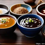 중식 소스 종류와 활용법 - A detailed close-up of various Chinese sauces displayed in elegant ceramic bowls on a rustic wooden ...