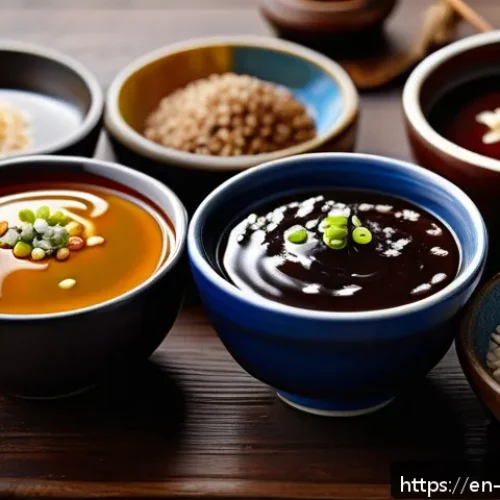 중식 소스 종류와 활용법 - A detailed close-up of various Chinese sauces displayed in elegant ceramic bowls on a rustic wooden ...