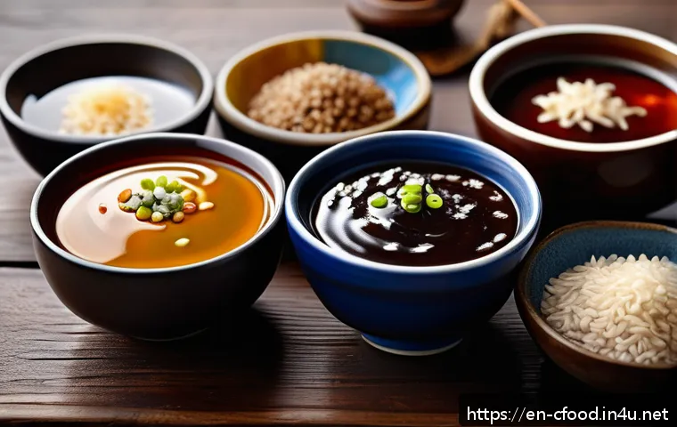 중식 소스 종류와 활용법 - A detailed close-up of various Chinese sauces displayed in elegant ceramic bowls on a rustic wooden ...