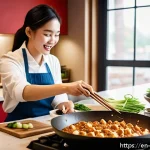 중식 밀키트 시장 동향 - A vibrant and cozy modern kitchen scene featuring a young adult casually cooking a Chinese meal kit....
