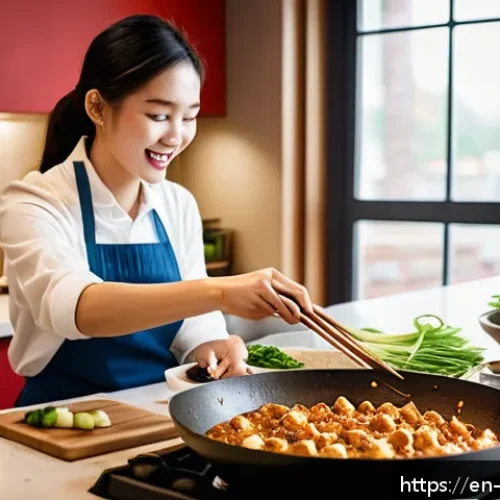 중식 밀키트 시장 동향 - A vibrant and cozy modern kitchen scene featuring a young adult casually cooking a Chinese meal kit....