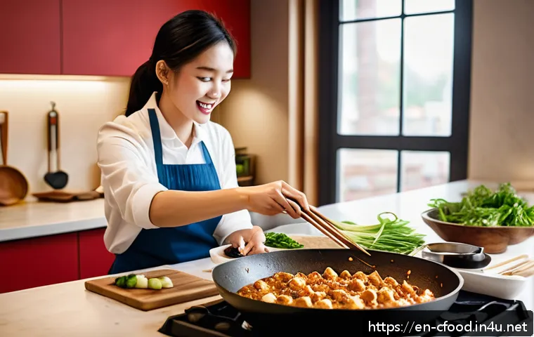 중식 밀키트 시장 동향 - A vibrant and cozy modern kitchen scene featuring a young adult casually cooking a Chinese meal kit....