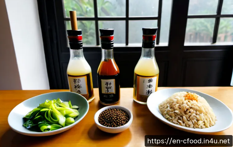 Home 30 중식 식재료 목록 - Photorealistic overhead still life of essential Chinese cooking ingredients arranged neatly on a war...