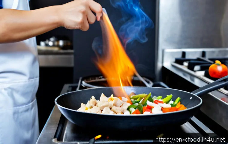 Home 17 중국 요리의 과학 - Photorealistic Chinese cooking science scene, close-up wok on a professional kitchen stove as a chef...